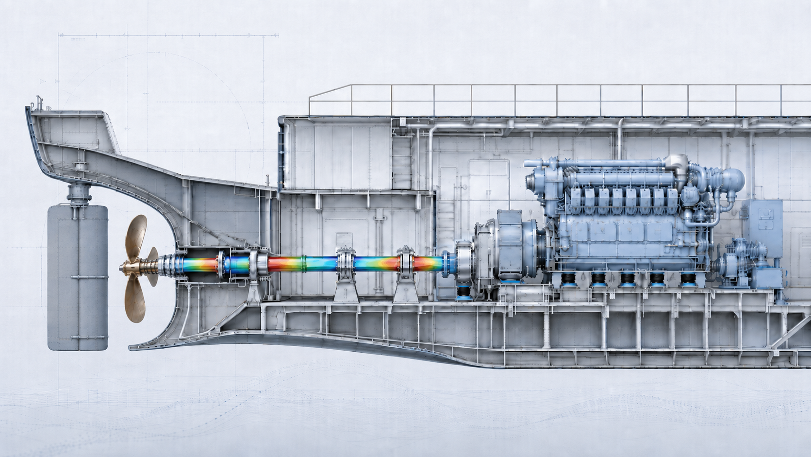 Technical ship engine room longitudinal cutaway visual