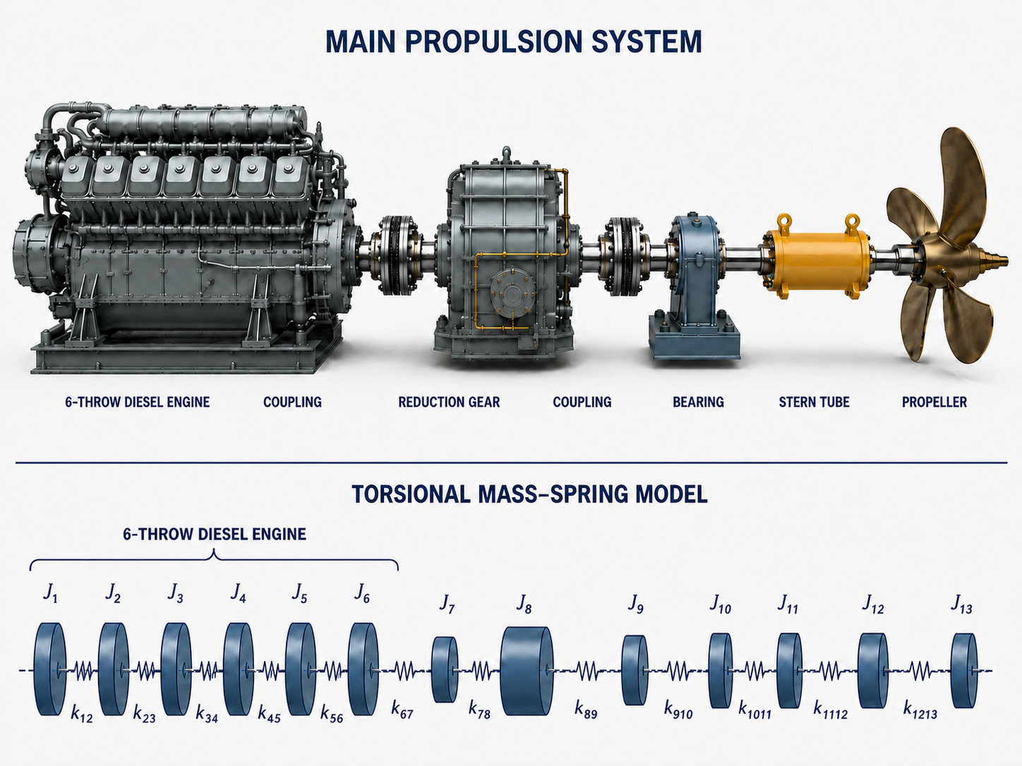 Main propulsion system and torsional mass-spring model ending at the J13 disk